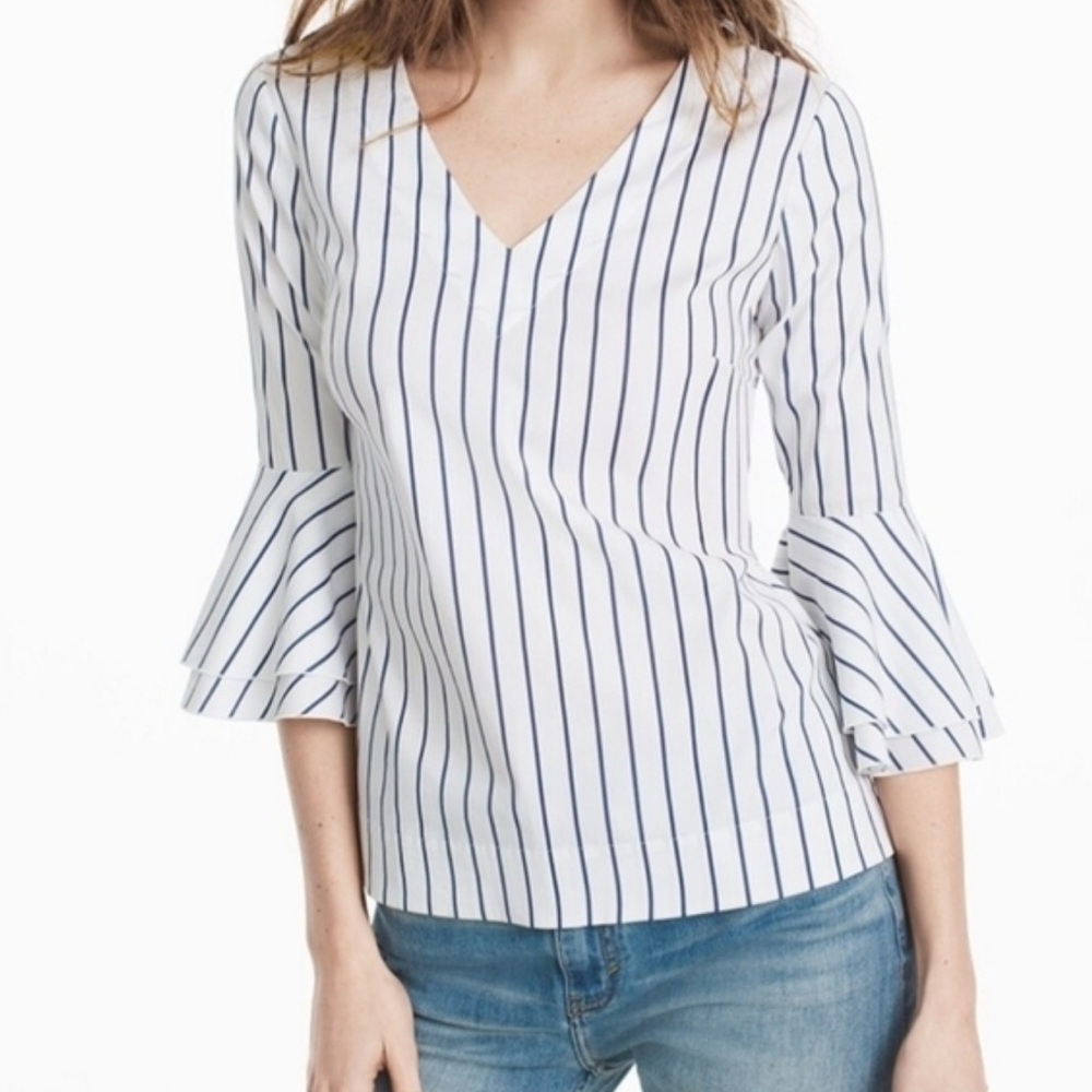 WHBM The Carmen Stripe Print V-Neck Blouse 3/4 Bell Sleeve White Sz 10